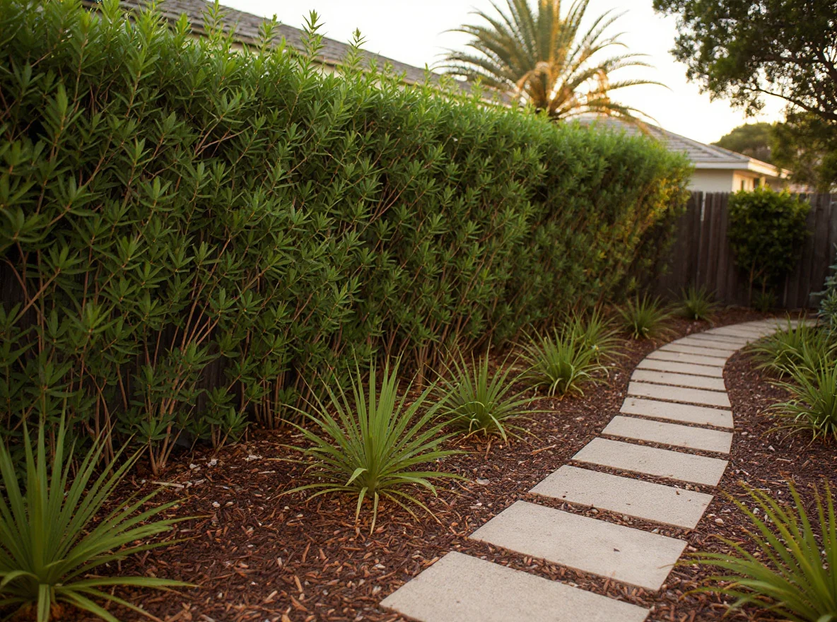 The same Avalon Beach garden with native screening hiding the fence, sandstone path, and mulched native beds
