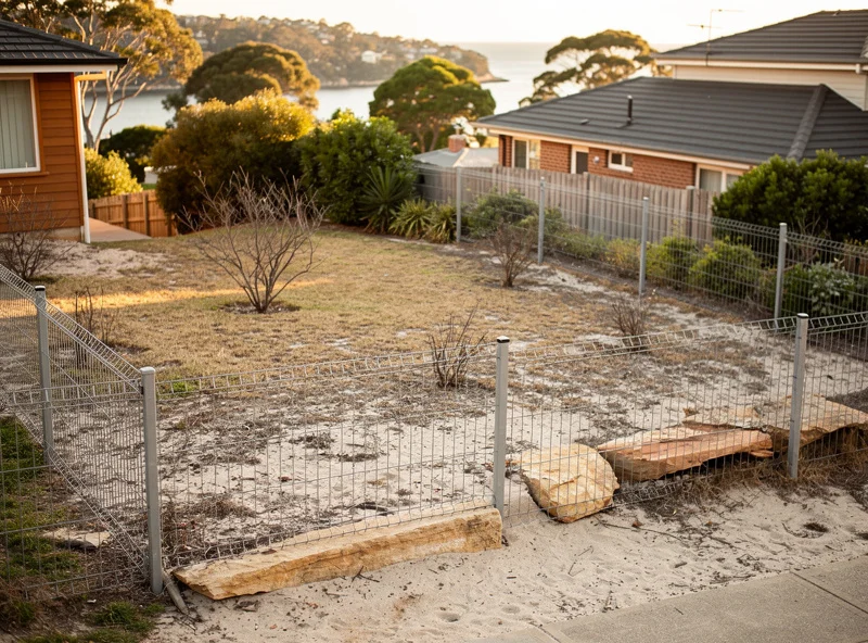An Avalon Beach front garden with bare sandy soil, dying lawn, exposed chain-wire fence, and dead shrubs