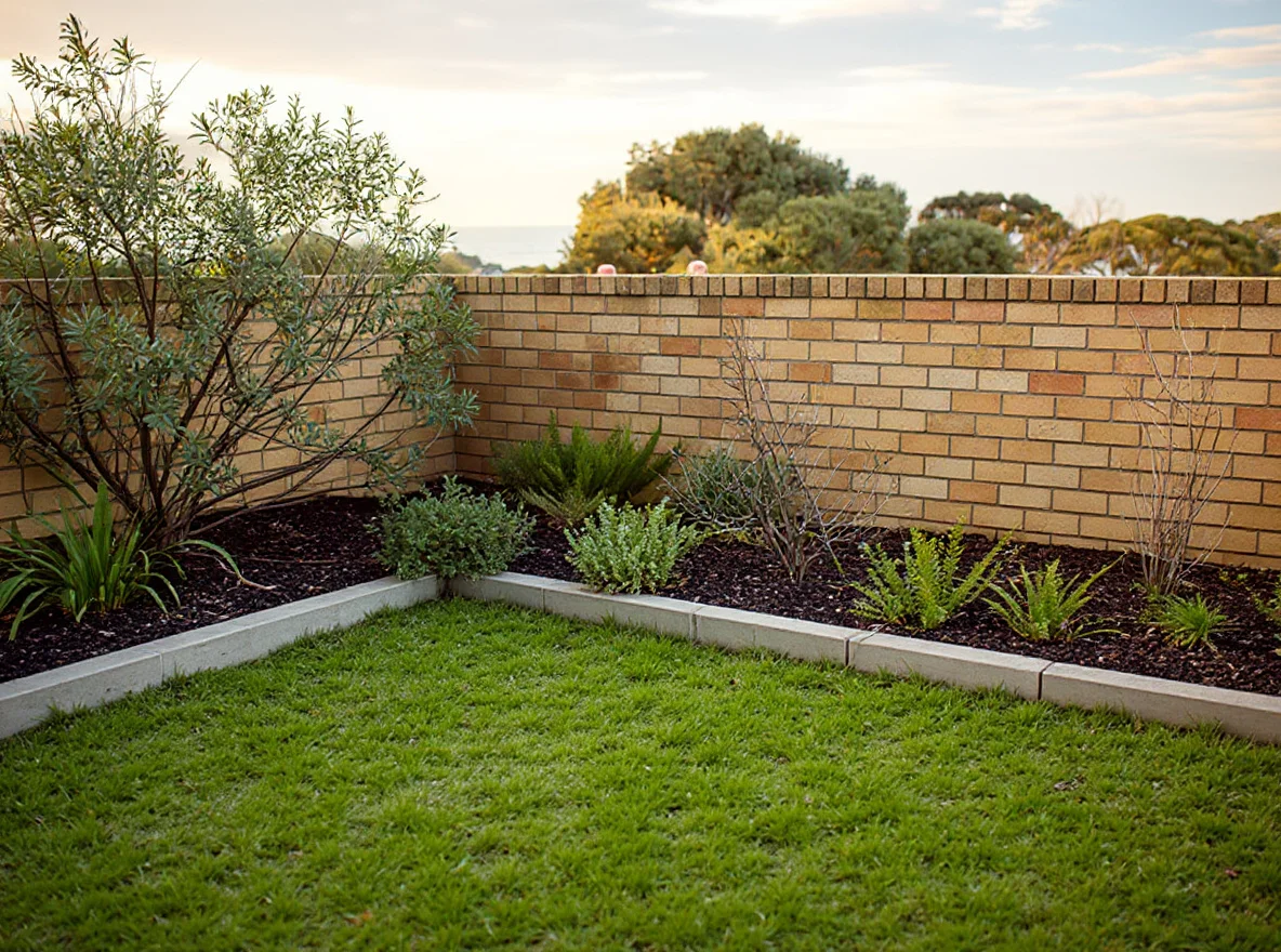 The same Narrabeen backyard makeover: native ground cover, fresh mulch, stone edging, brick wall cleaned and kept