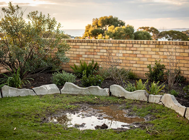 A Narrabeen backyard with waterlogged lawn, muddy patches, cracked edging, and overgrown shrubs