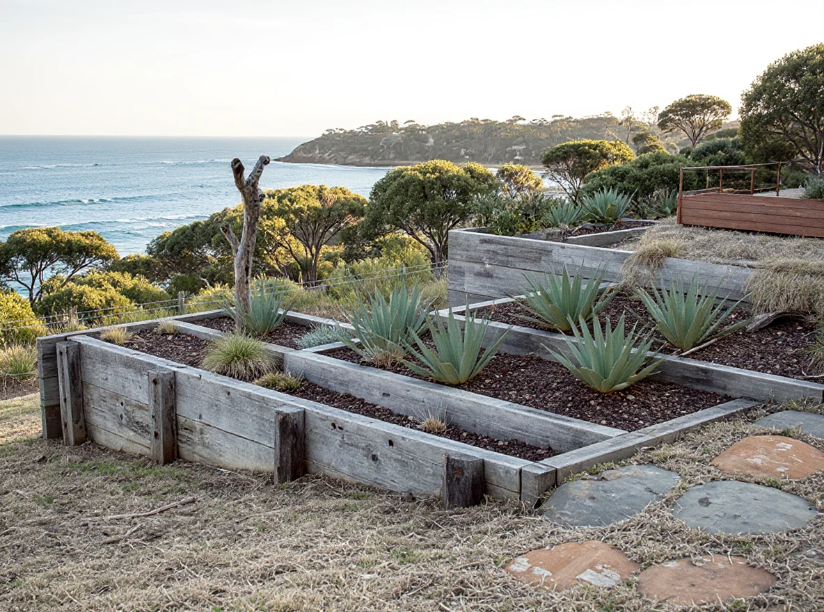 The same Palm Beach headland block transformed with sandstone terraces, native planting, and a spotted gum deck